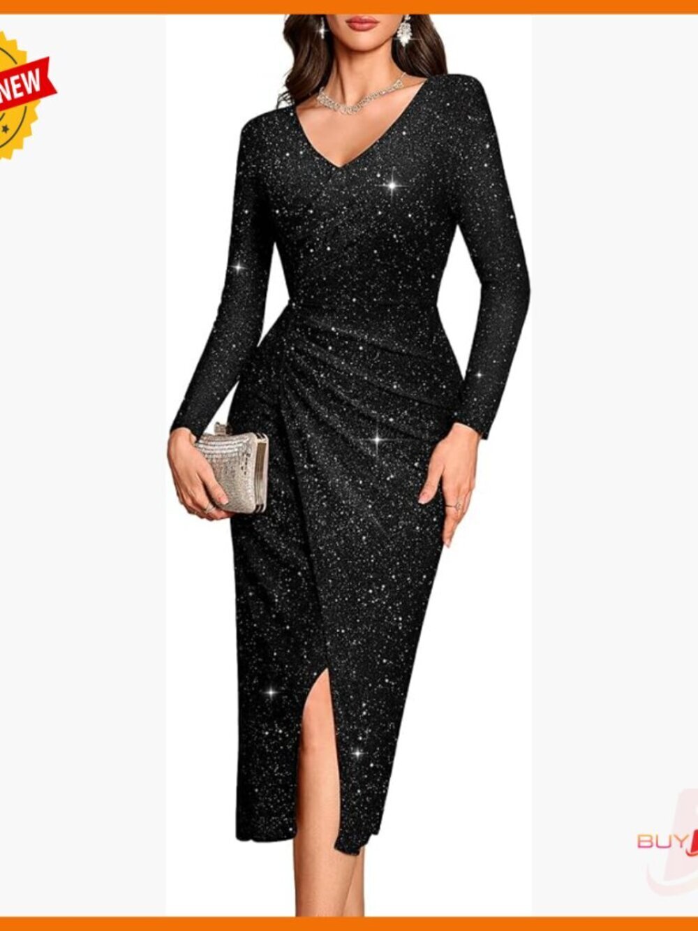 Sequin Long Sleeve Maxi Formal Dress V-Neck Wrap Bodycon Split Hem